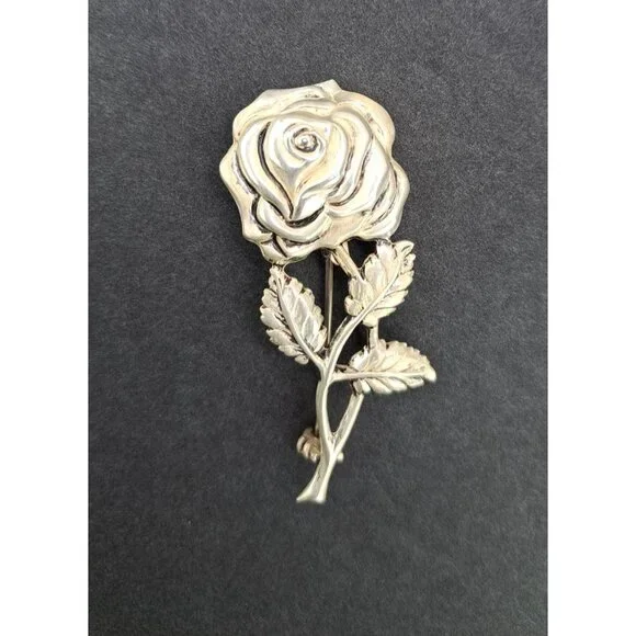 Vintage Sterling Silver Rose Brooch Pin Detailed Floral Design Floral Statement - Picture 3 of 9